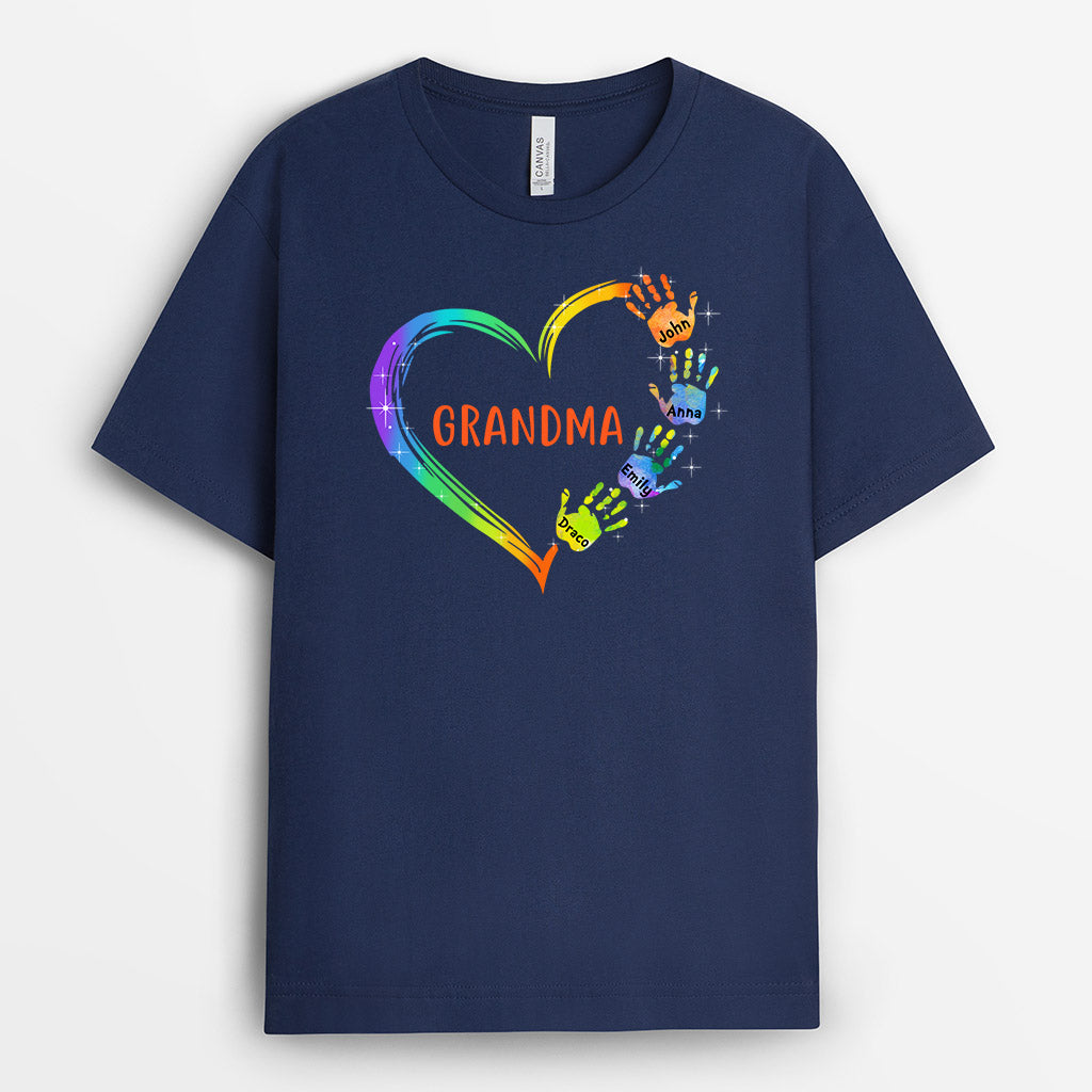 Personalized Mom/Grandma Colorful Heart Hand Print T-Shirt
