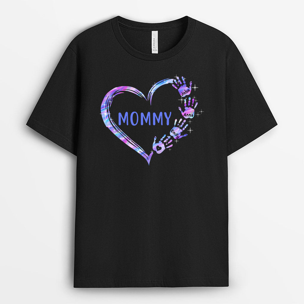 Personalized Mom/Grandma Colorful Heart Hand Print T-Shirt