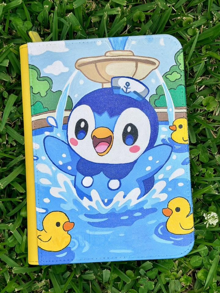 Penguin Chick Fountain Binder - hand-painted Fountain Blue card binder cover