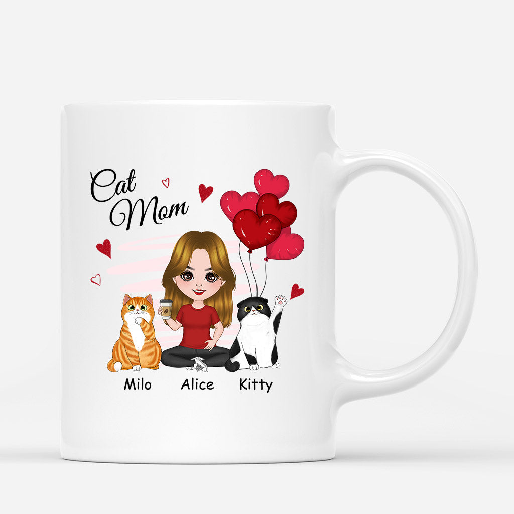 Cat Mom With Heart Balloons - Personalized Cat Mom Coffee Mug