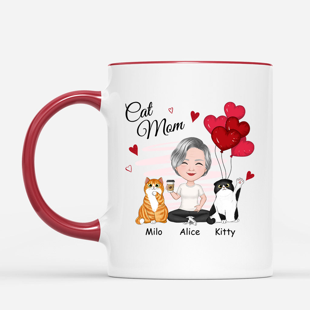 Cat Mom With Heart Balloons - Personalized Cat Mom Coffee Mug