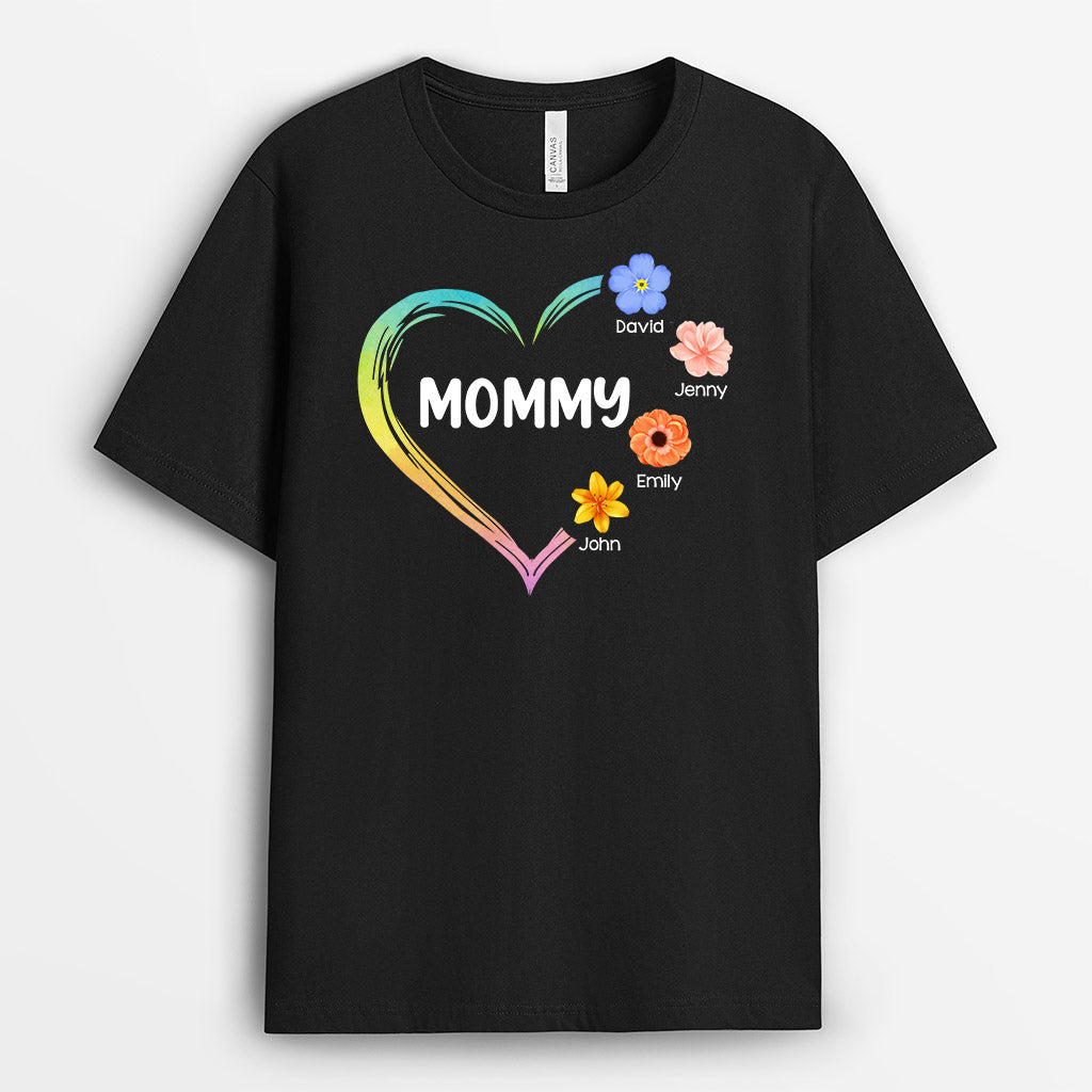 Personalized Mommy/Grandma Heart With Beautiful Small Flowers T-shirt