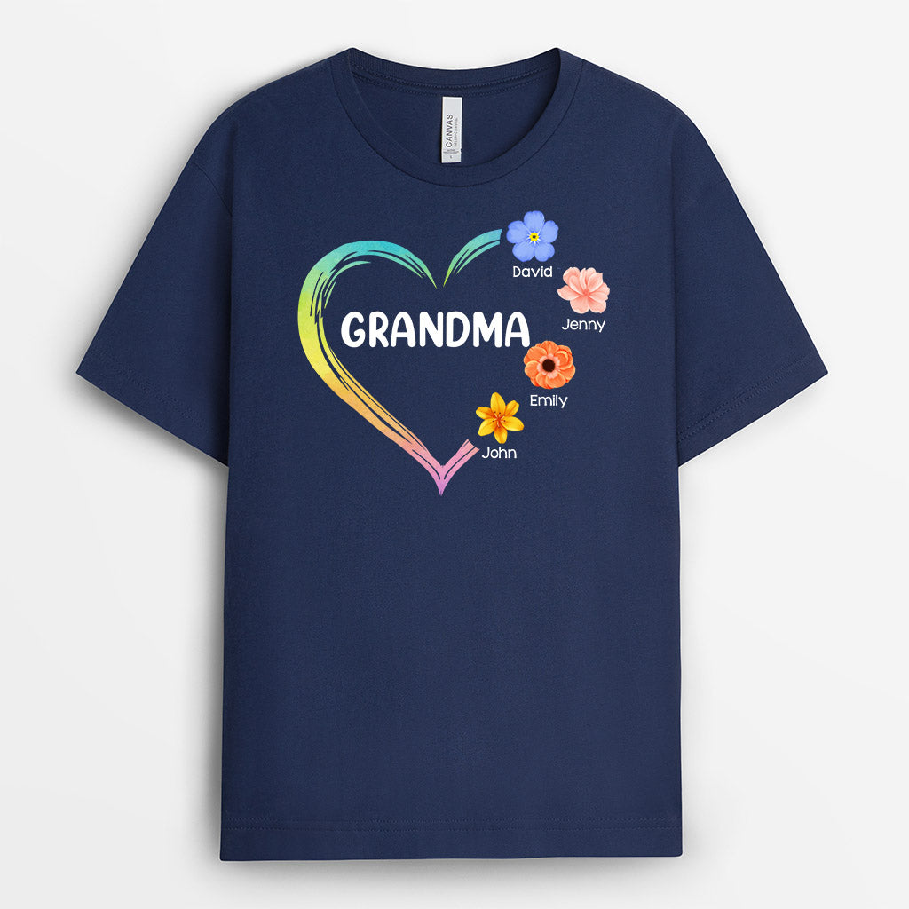 Personalized Mommy/Grandma Heart With Beautiful Small Flowers T-shirt