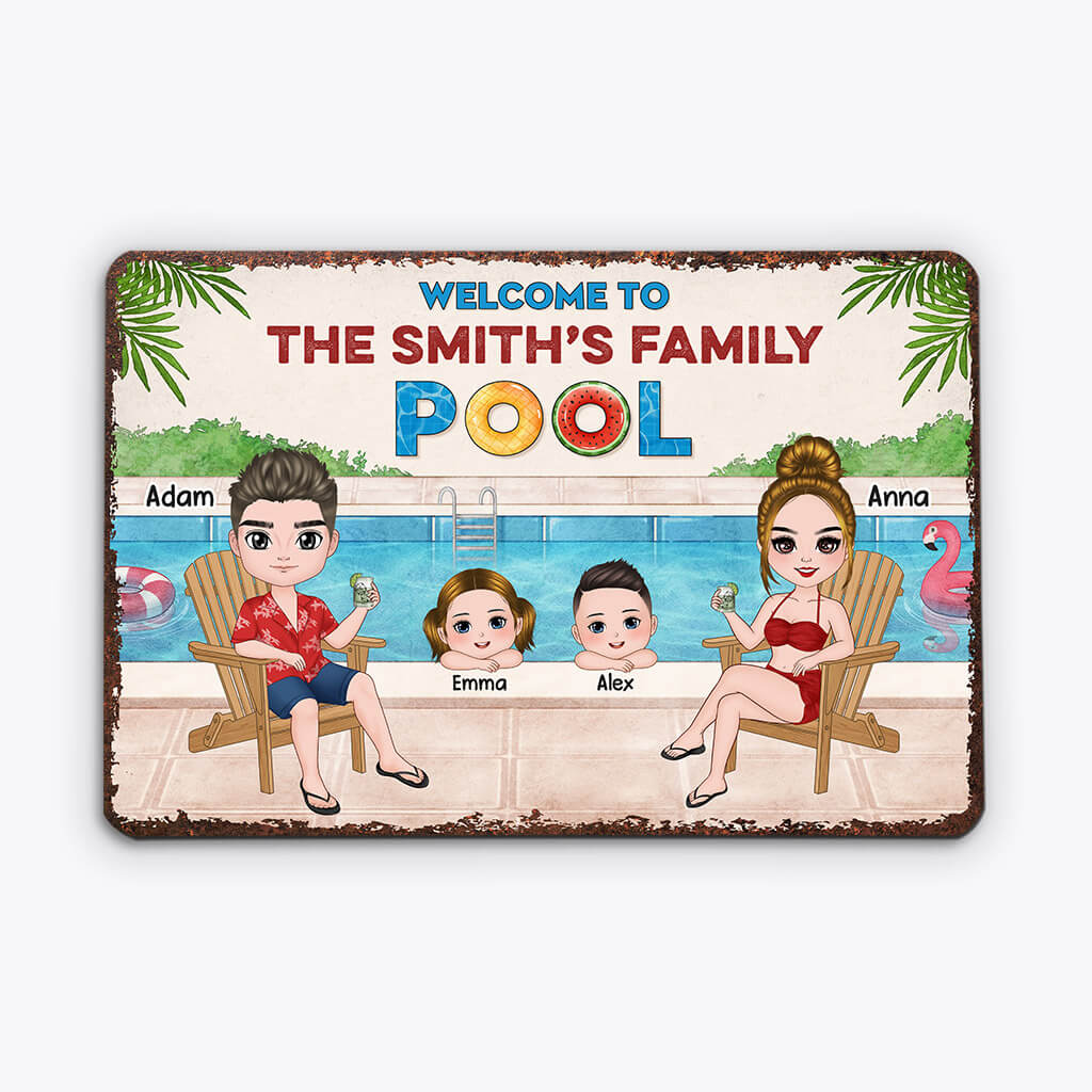Welcome To Family's Swimming Pool Metal Sign - Personalized Gifts Family