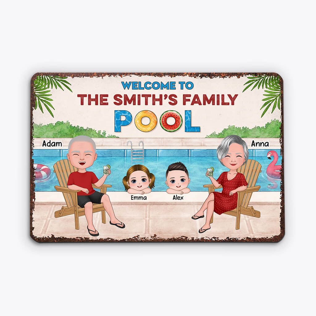 Welcome To Family's Swimming Pool Metal Sign - Personalized Gifts Family