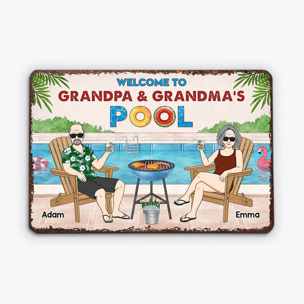 Personalized Welcome to Grandpa & Grandma's Swimming Pool Metal Signs