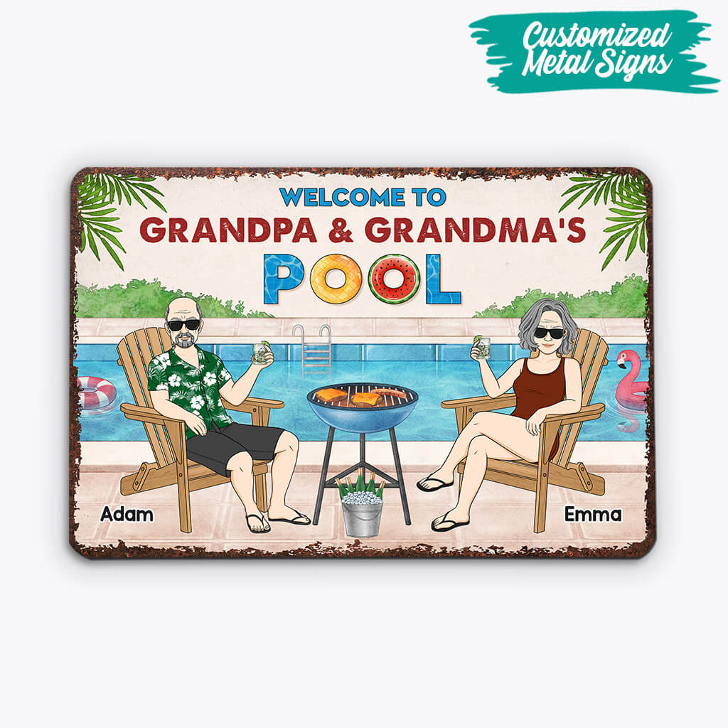Personalized Welcome to Grandpa & Grandma's Swimming Pool Metal Signs