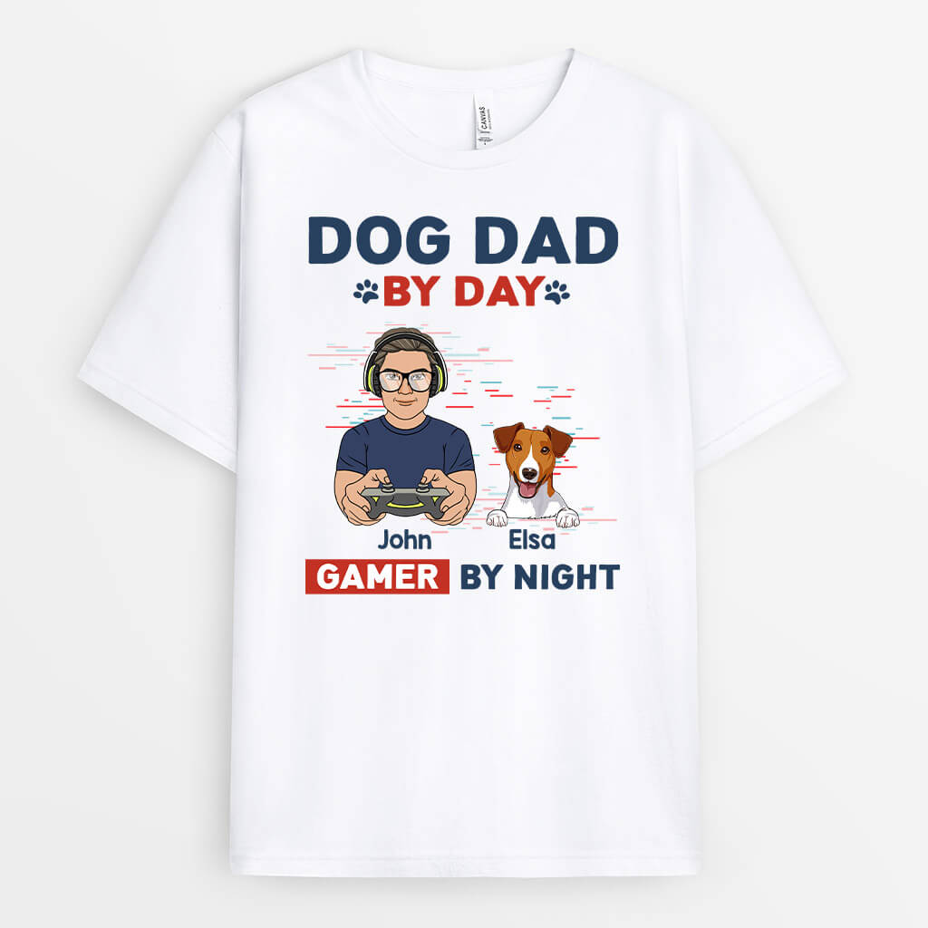 Dog Dad By Day Gamer By Night - Personalized Dog Shirts for Humans