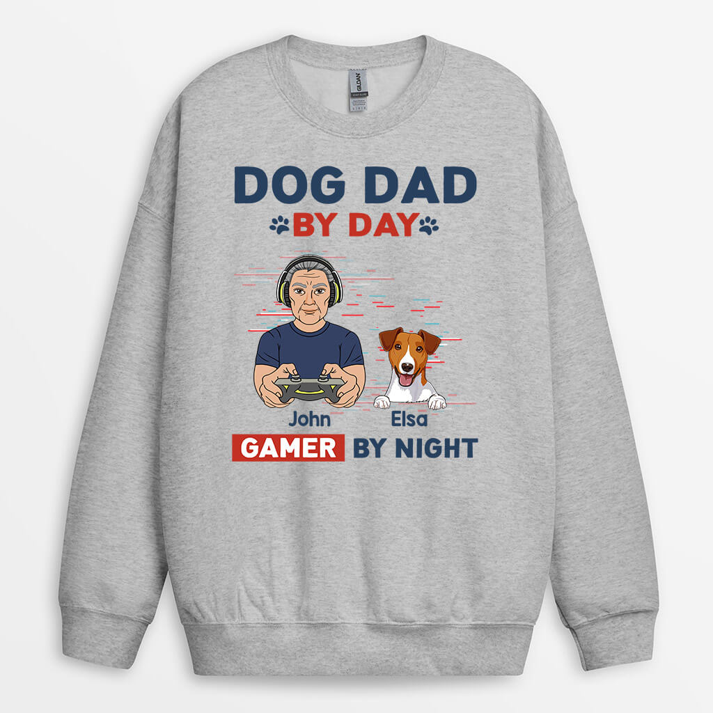 Dog Dad By Day Gamer By Night Sweatshirt - Personalized Pet Gifts For Humans