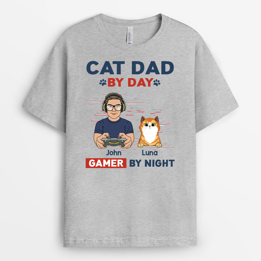 Personalized Cat Dad By Day Gamer By Night T-Shirt