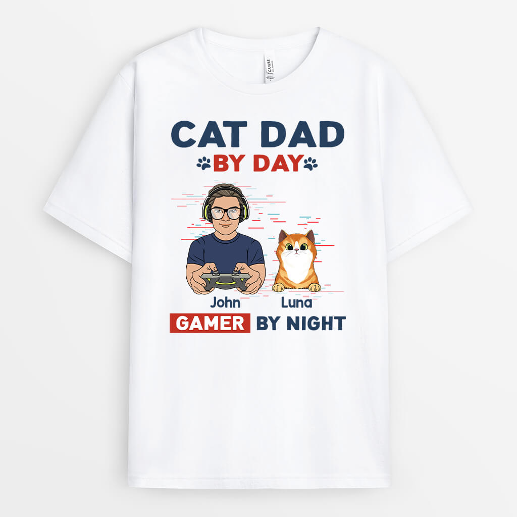 Personalized Cat Dad By Day Gamer By Night T-Shirt