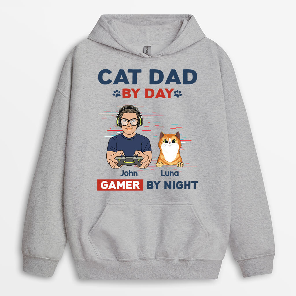 Personalized Cat Dad By Day Gamer By Night Hoodie
