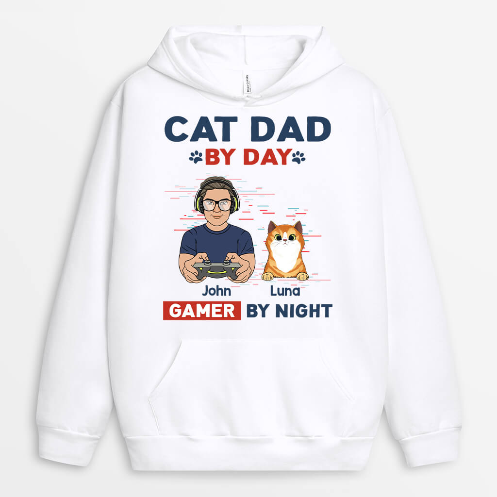 Personalized Cat Dad By Day Gamer By Night Hoodie