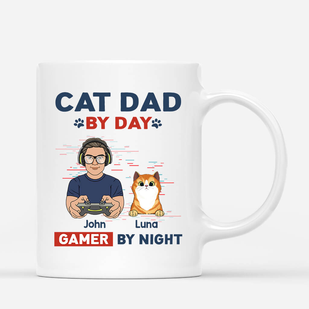 Cat Dad By Dad By Day Gamer By Night - Personalized Cat Mugs