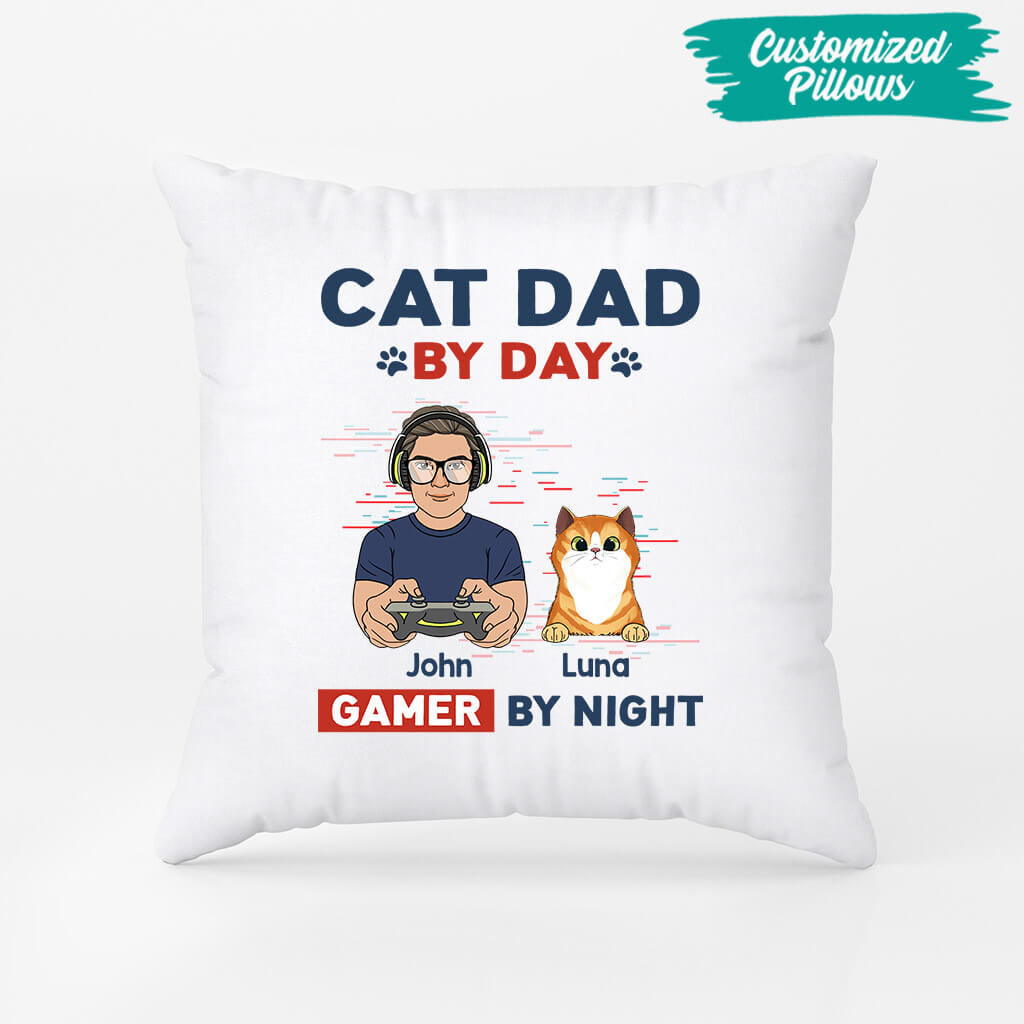 Personalized Cat Dad By Day Gamer By Night Pillow