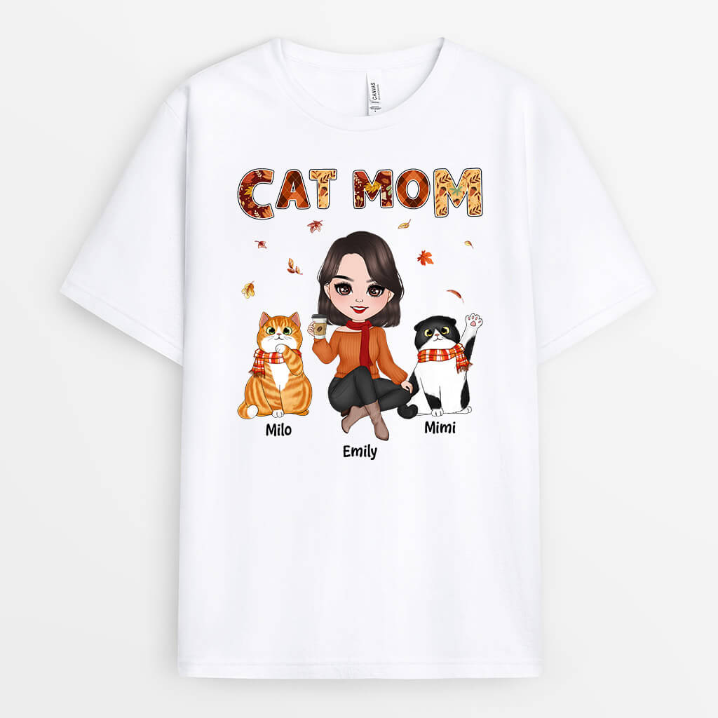 Personalized Fall Season Cat Mom T-Shirt