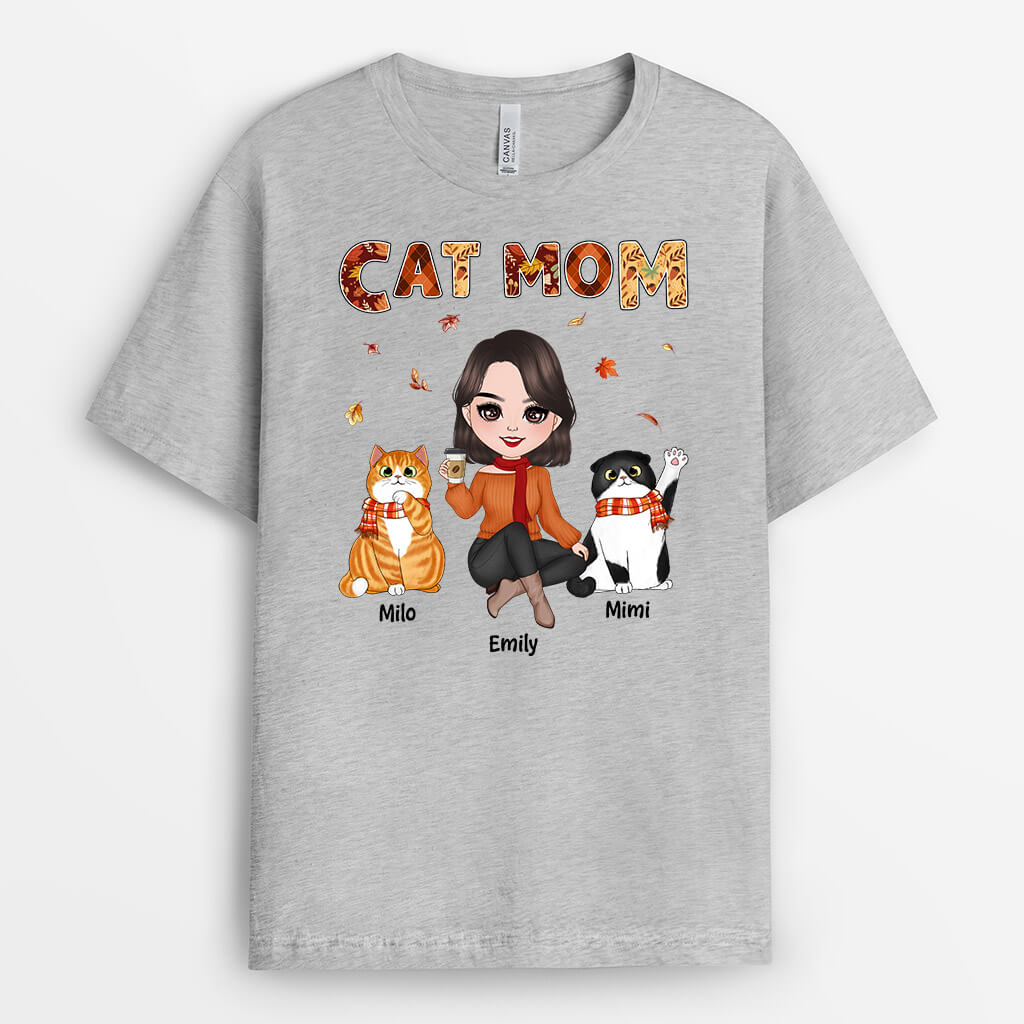 Personalized Fall Season Cat Mom T-Shirt