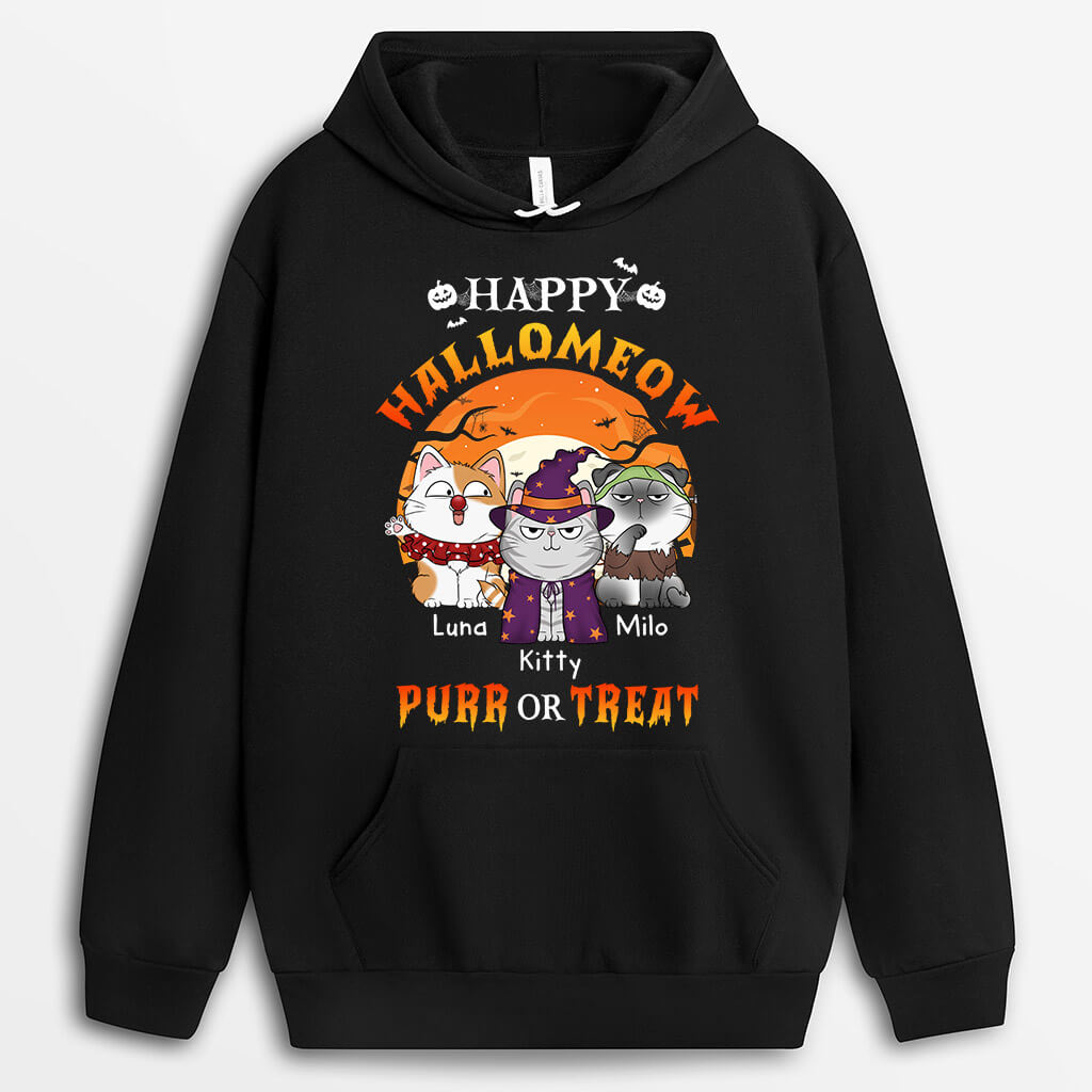 Personalized Happy Hallomeow Purr Or Treat Hoodie