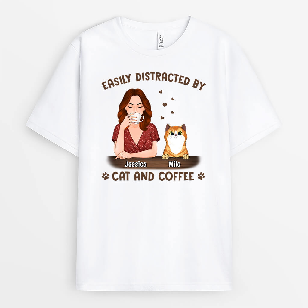Personalized Easily Distracted By Coffee And Cat T-Shirt