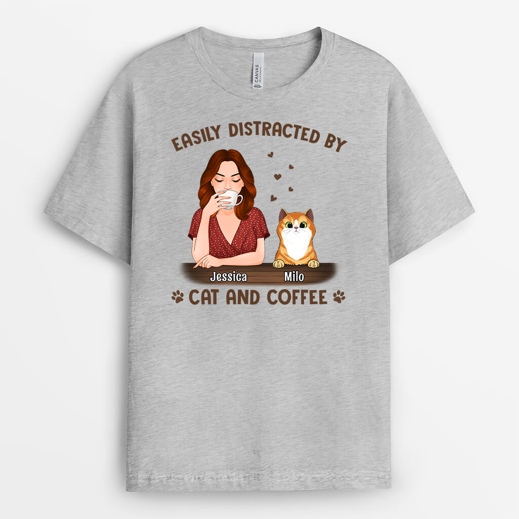 Personalized Easily Distracted By Coffee And Cat T-Shirt