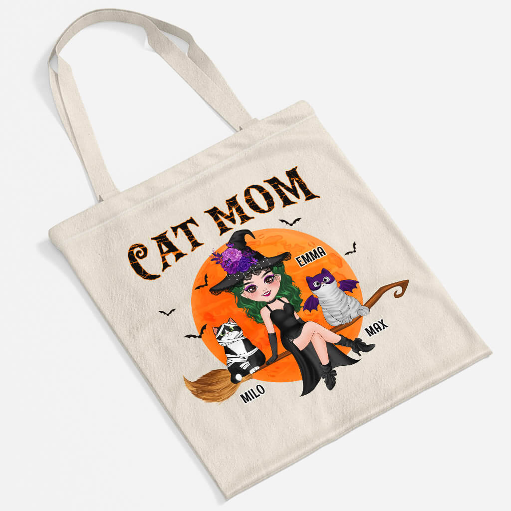 Personalized Cute Cat Mom With Broom Tote Bag