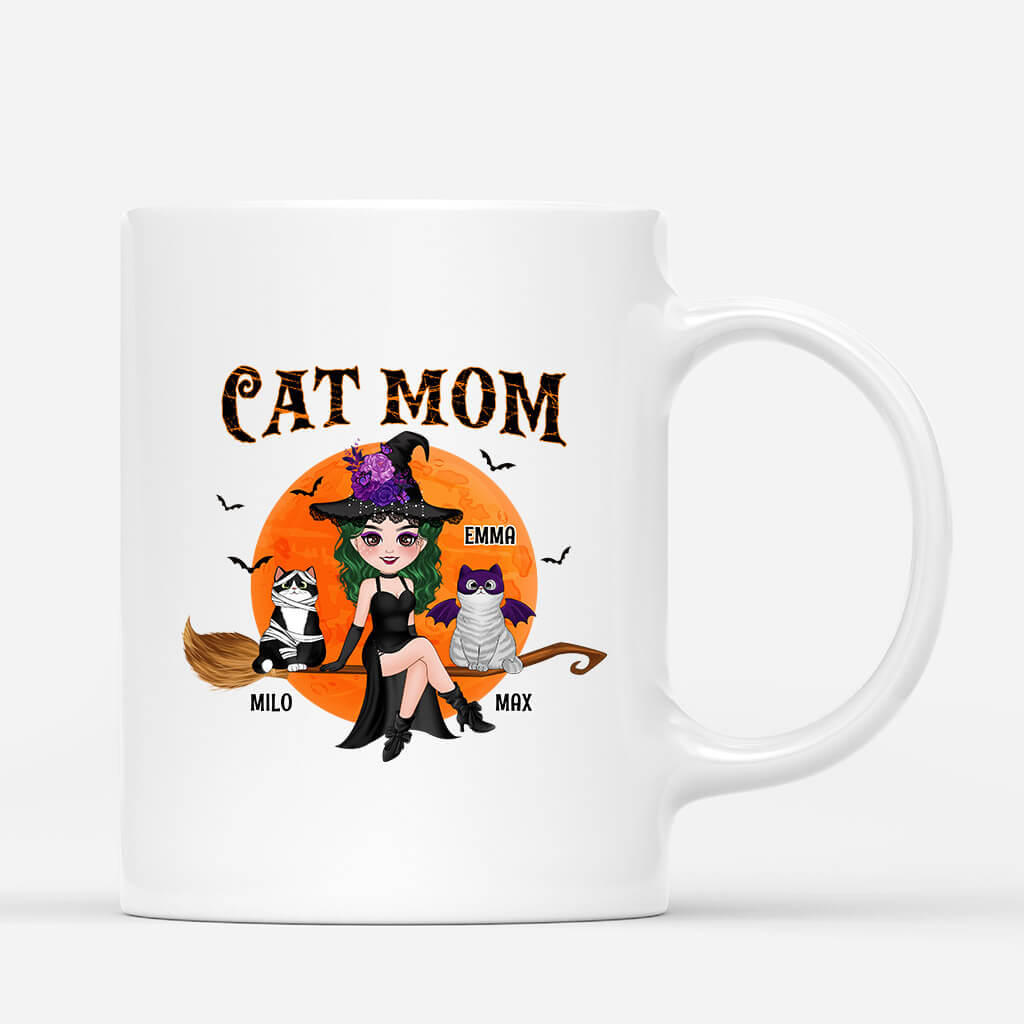 Cat Mom With Broom - Personalized Cat Coffee Cups for Halloween