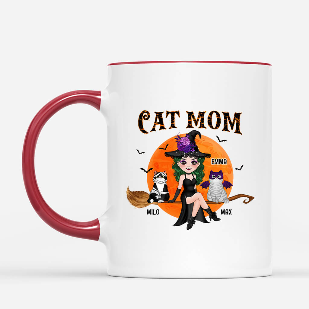 Cat Mom With Broom - Personalized Cat Coffee Cups for Halloween