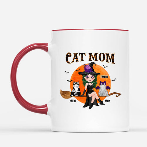 Cat Mom With Broom - Personalized Cat Coffee Cups for Halloween