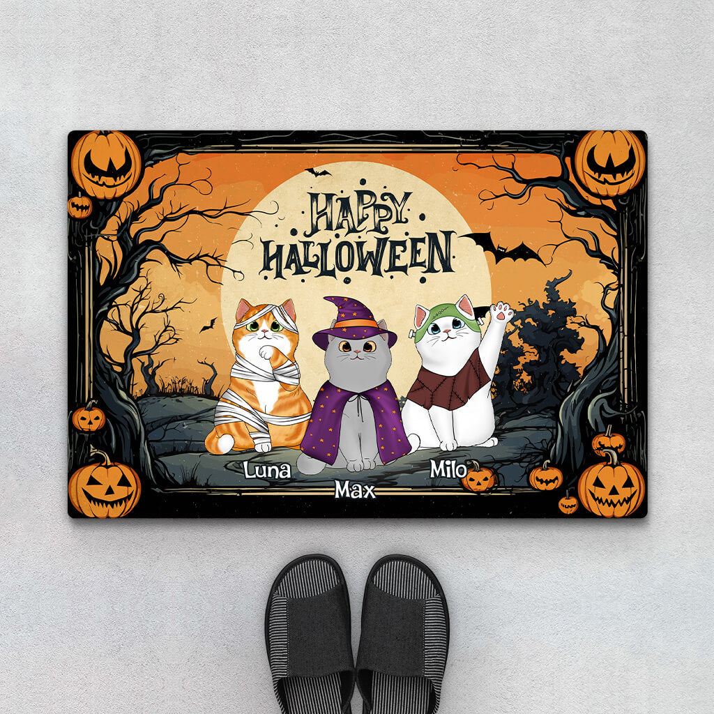 Personalized Happy Halloween With Little Cats Door Mat