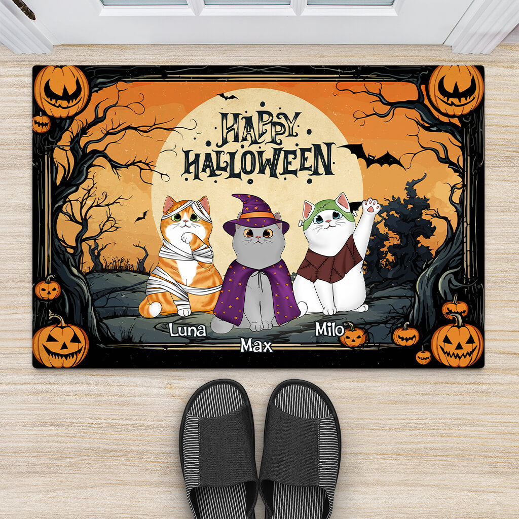 Personalized Happy Halloween With Little Cats Door Mat