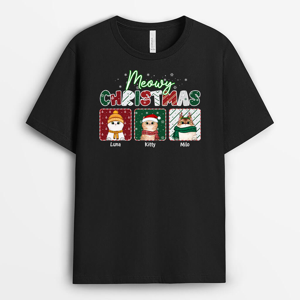 Meowy Christmas T-shirt | Custom Merry Christmas Tee Shirts for Cat Lovers
