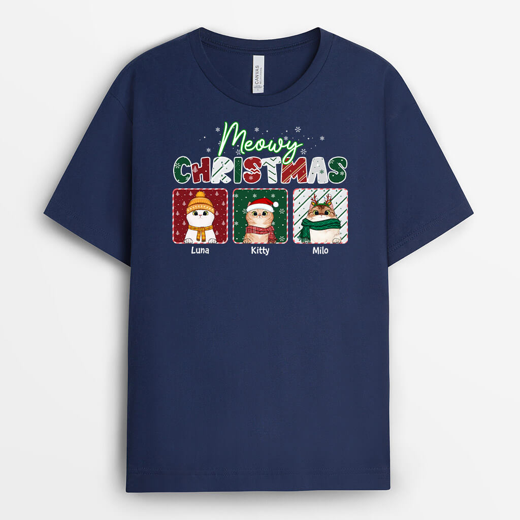 Meowy Christmas T-shirt | Custom Merry Christmas Tee Shirts for Cat Lovers