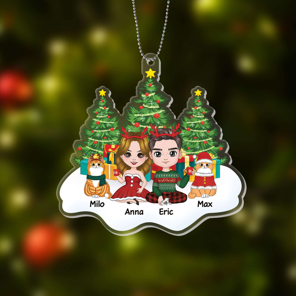 Personalized Couple And Cats Sitting On Snow Christmas Tree Ornament