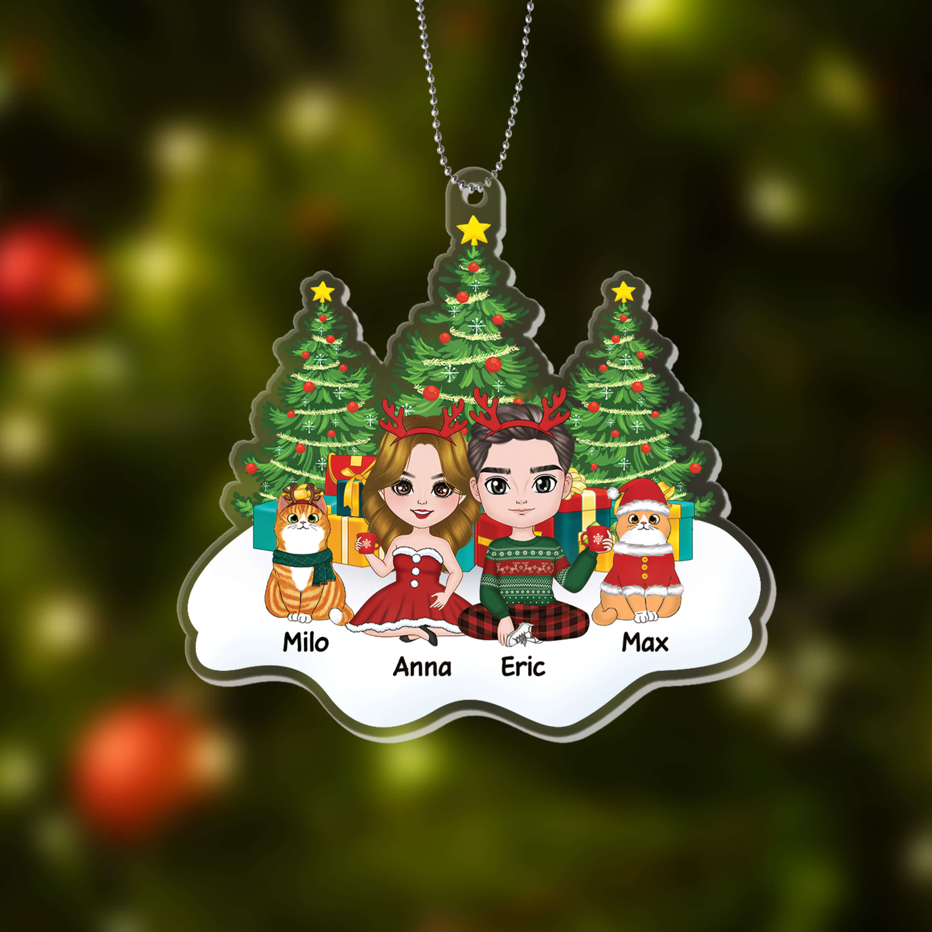 Personalized Couple And Cats Sitting On Snow Christmas Tree Ornament