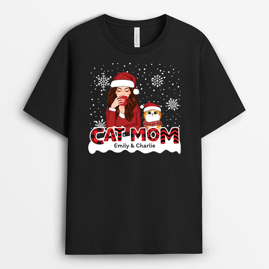 Cat Mom Red Patterned - Customized Christmas Themed T Shirts for Cat Lovers