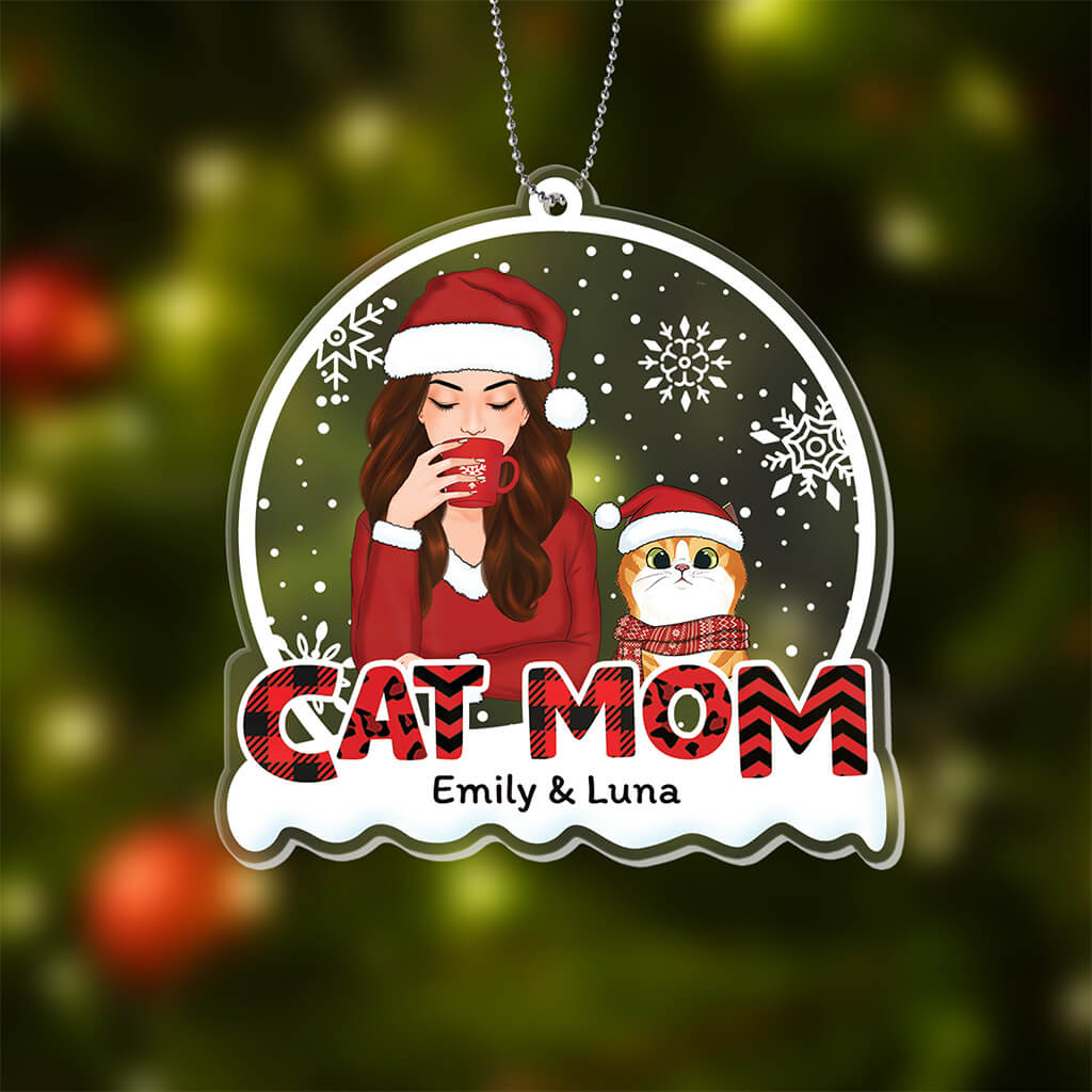 Personalized Cat Mom Red Patterned Christmas Ornament