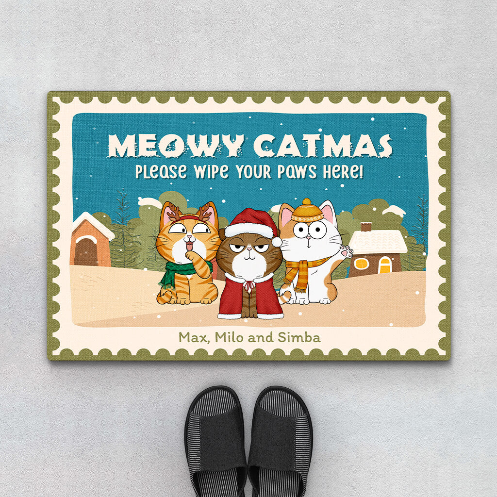 Personalized Meowy Catmas Please Wipe Your Paws Here Doormat