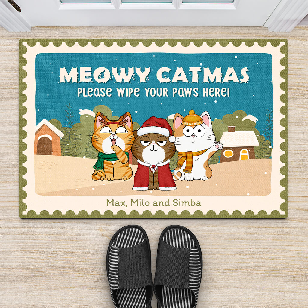 Personalized Meowy Catmas Please Wipe Your Paws Here Doormat