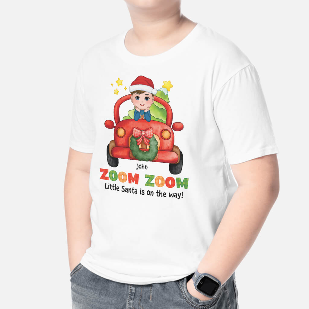 Personalized Zoom Zoom, Little Santa Is On The Way Kids T-shirt
