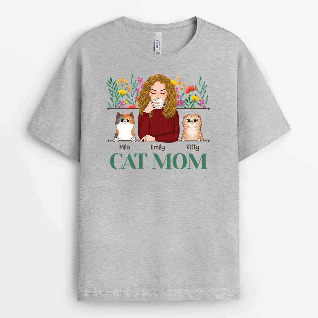 Personalized Cat Mom With Flowers T-shirt