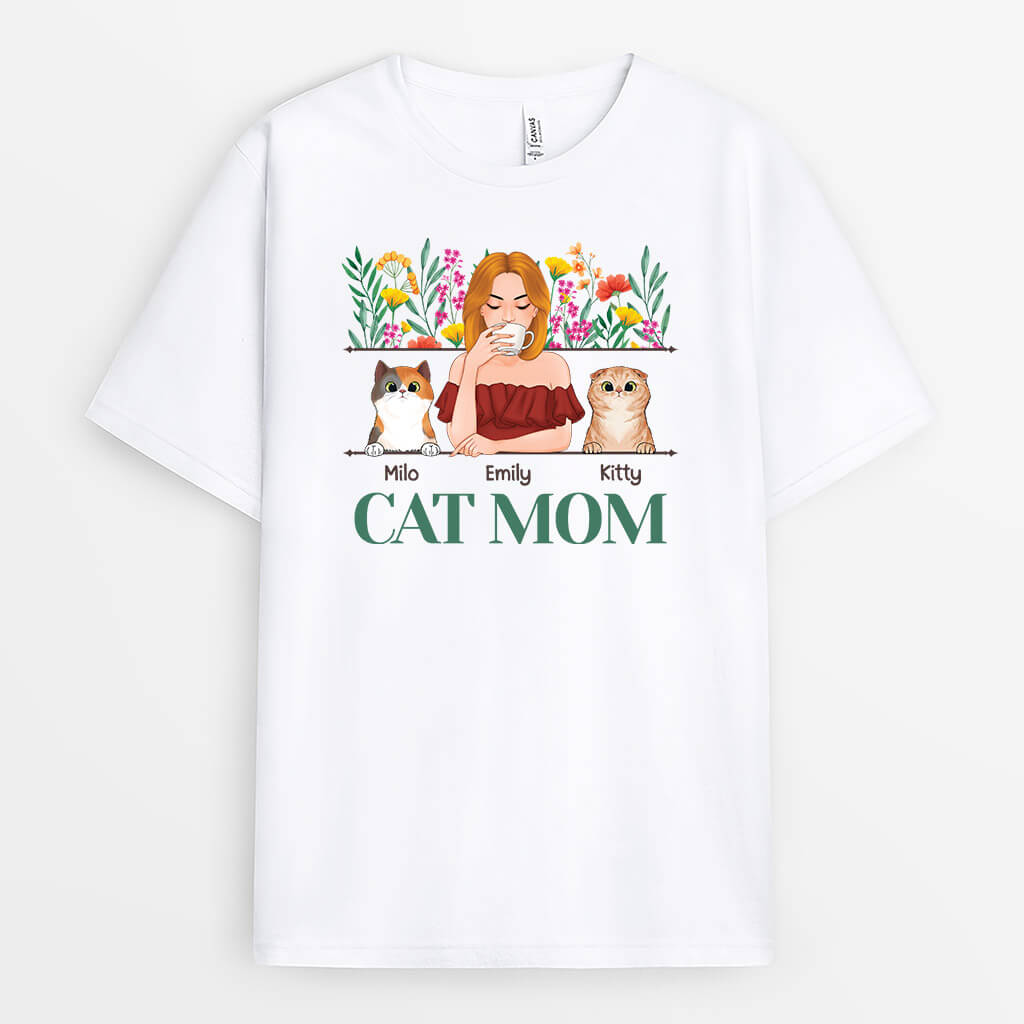 Personalized Cat Mom With Flowers T-shirt