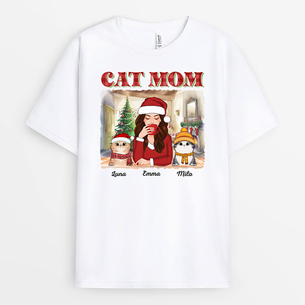 Personalized Cat Mom Sipping Christmas T-shirt