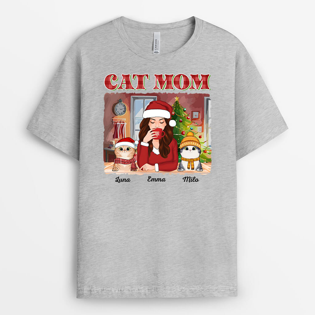 Personalized Cat Mom Sipping Christmas T-shirt