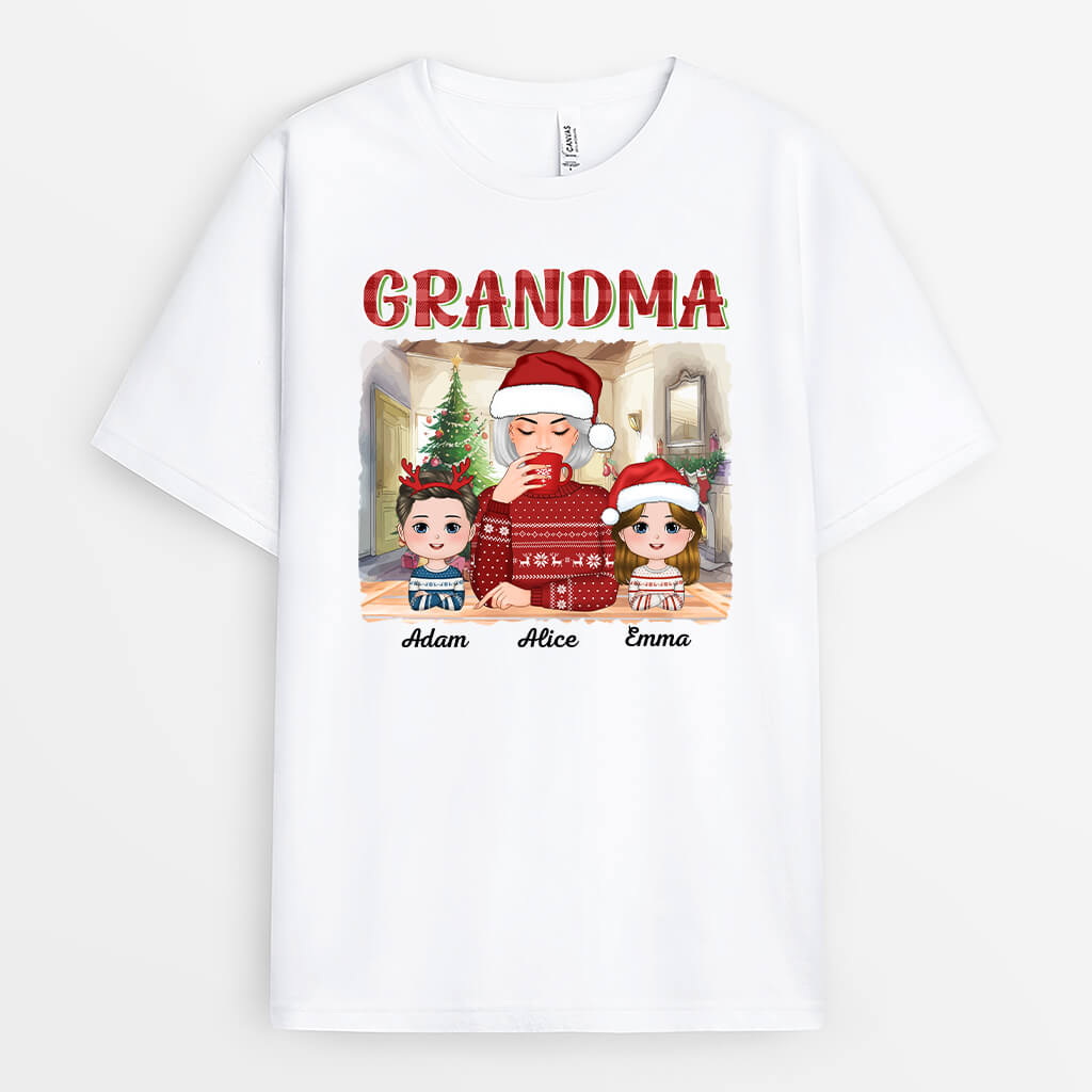 Personalized Grandma Sipping Christmas T-shirt