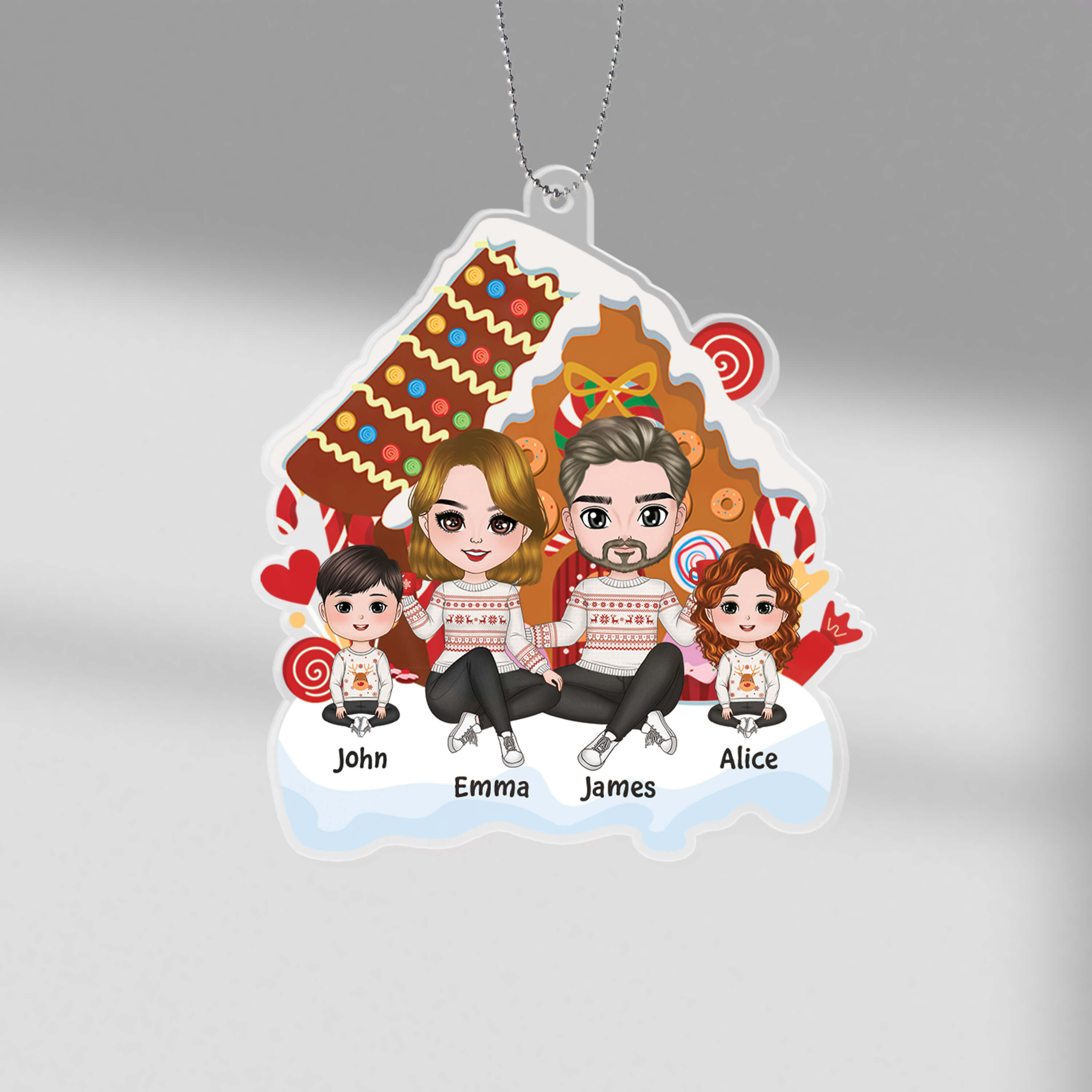 Personalized Cute Family Sitting Christmas Gingerbread House Ornament
