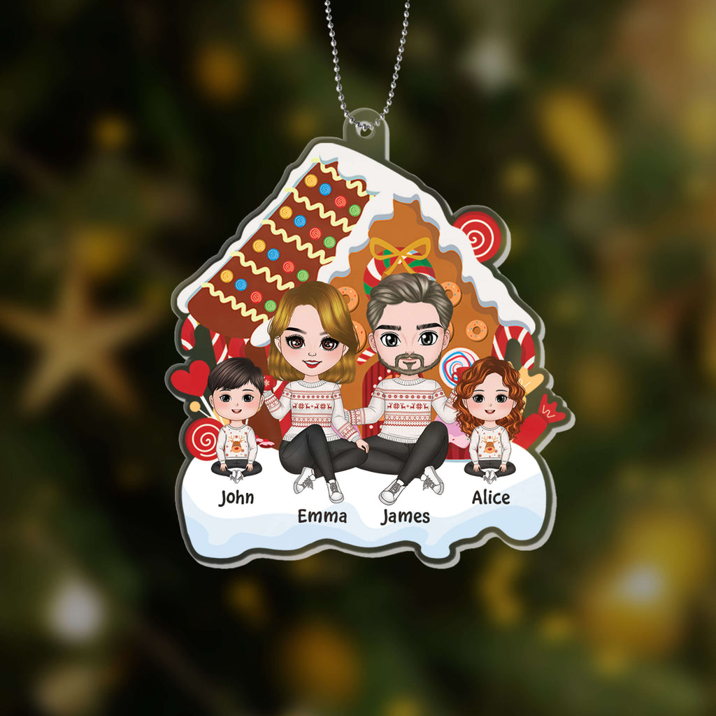 Personalized Cute Family Sitting Christmas Gingerbread House Ornament