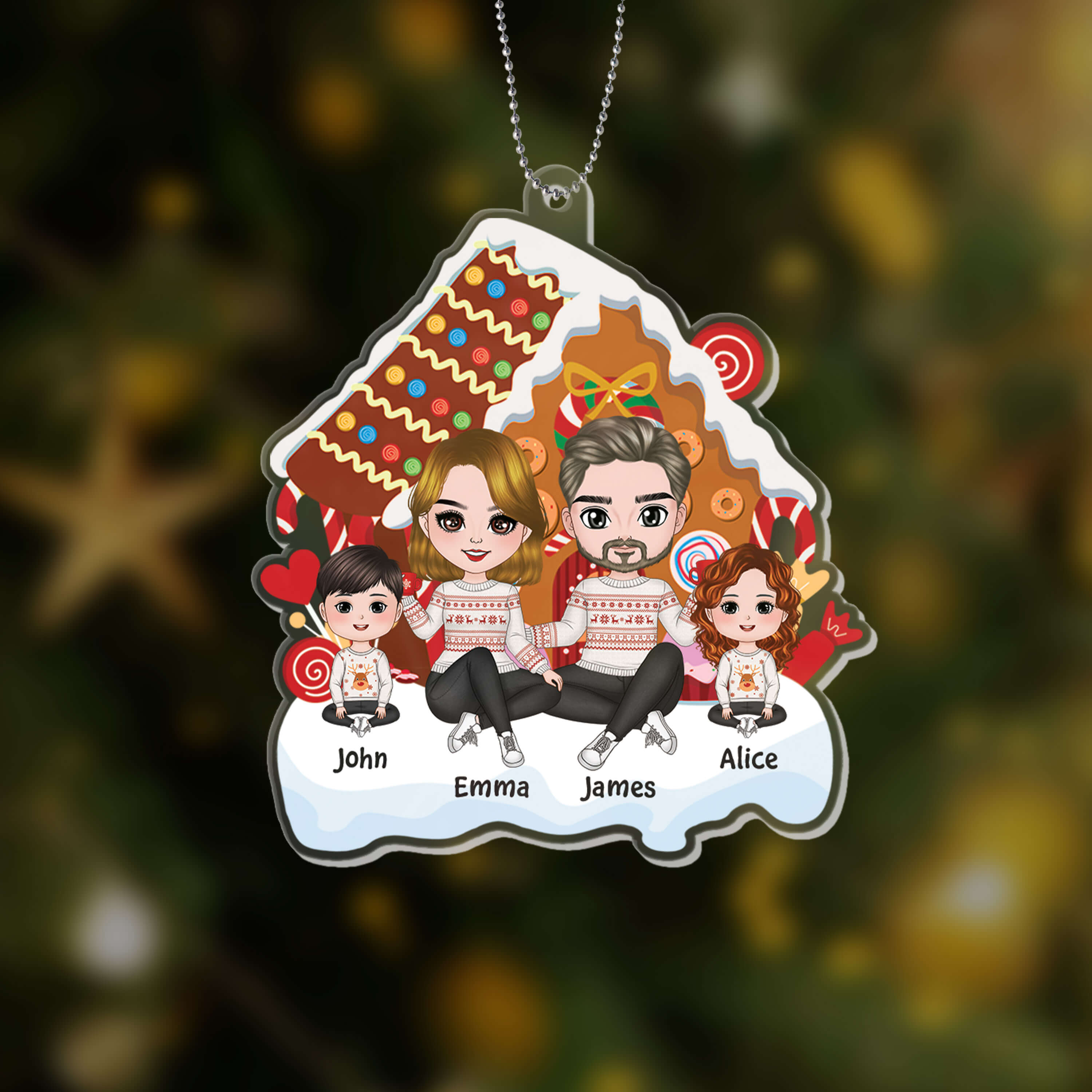 Personalized Cute Family Sitting Christmas Gingerbread House Ornament