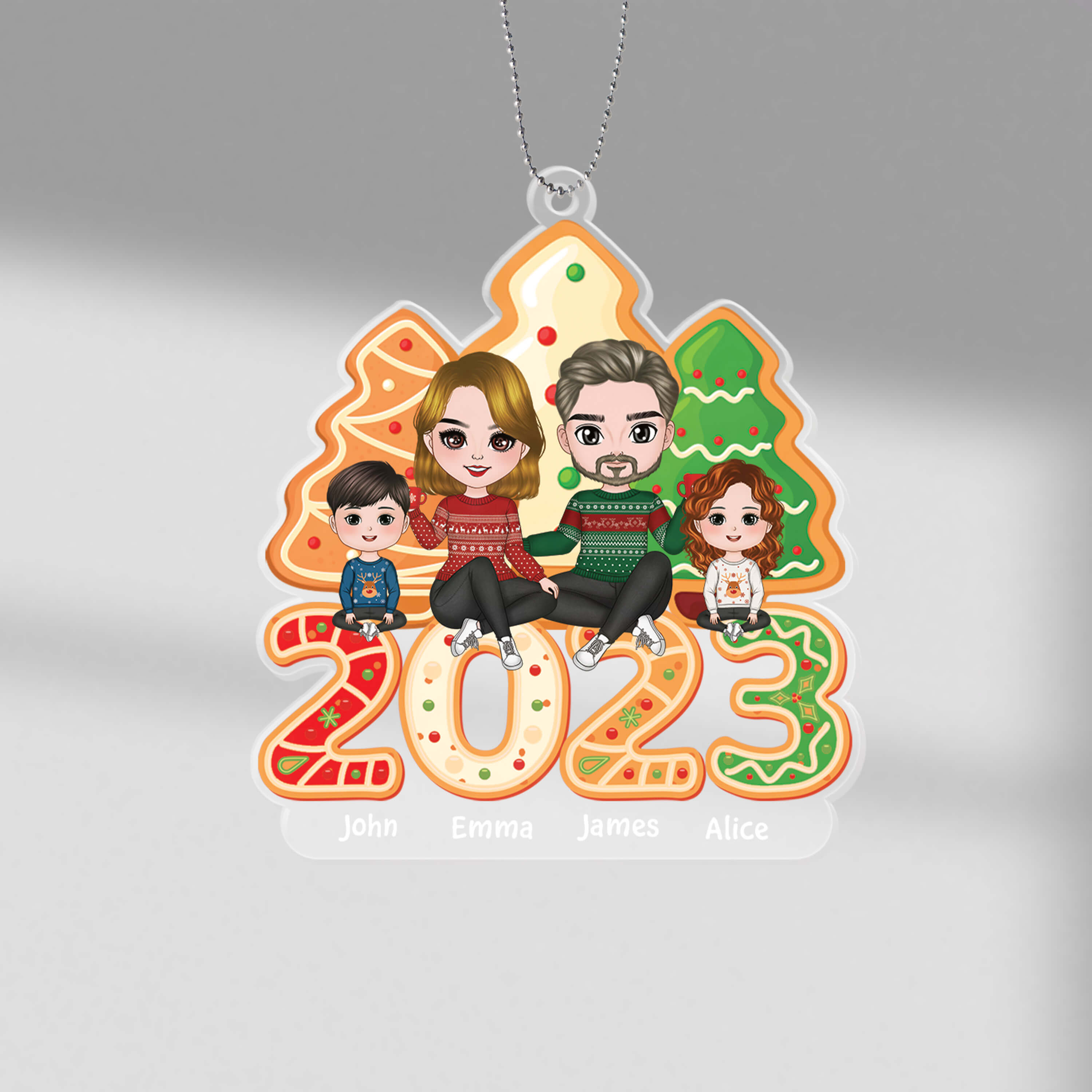 Personalized Family Sitting Christmas Tree Cake Ornament