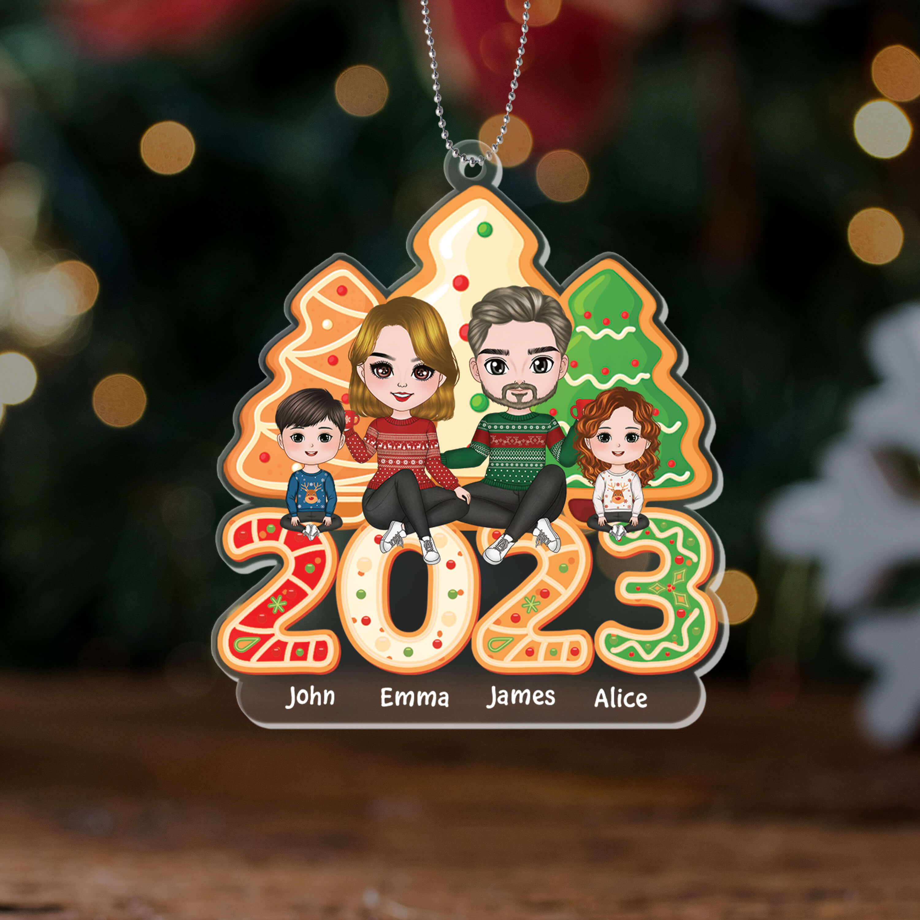 Personalized Family Sitting Christmas Tree Cake Ornament