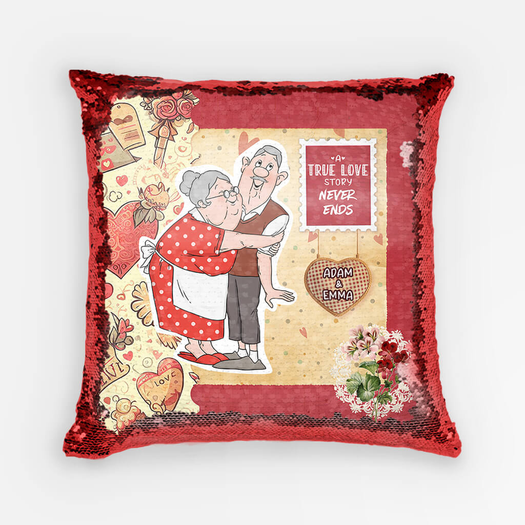 Personalized A True Love Story Never Ends Sequin Pillow